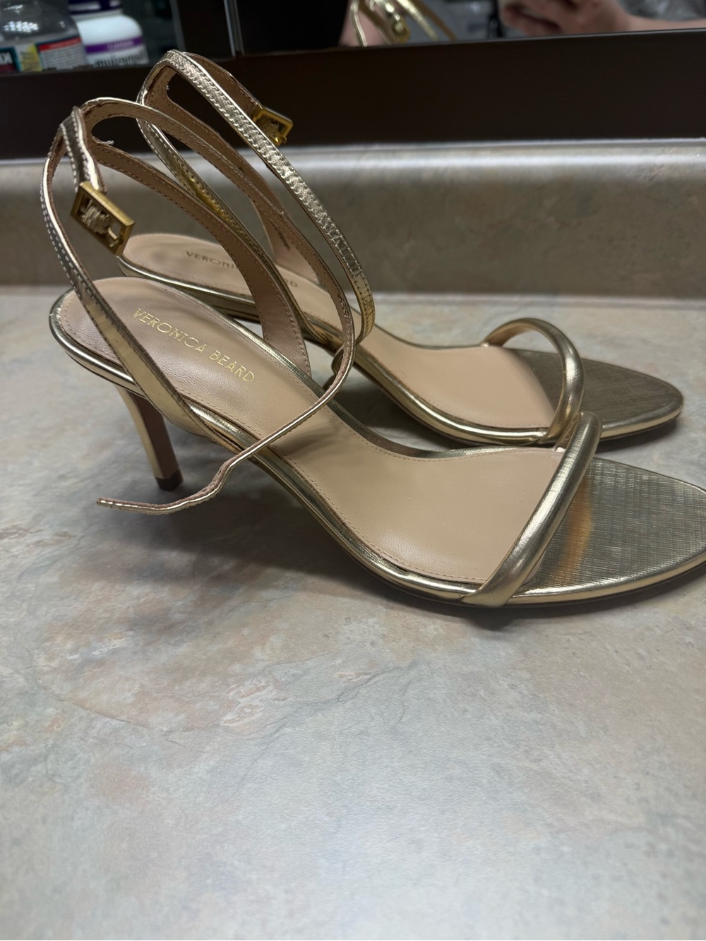 Veronica Beard Gold Strappy Mid-Heel Sandals